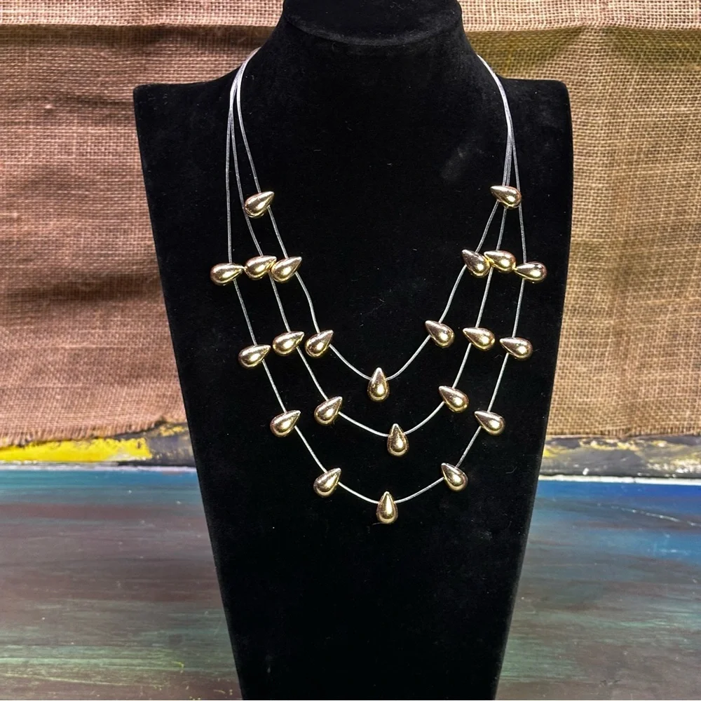Boho‎ party elegant invisible multi layer gold teardrop choker necklace NWOT